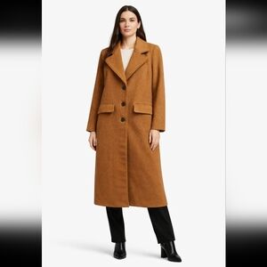 Avec Les Filles Camel Long Coat Wool-Blend Tailored Long Coat Brown Size L